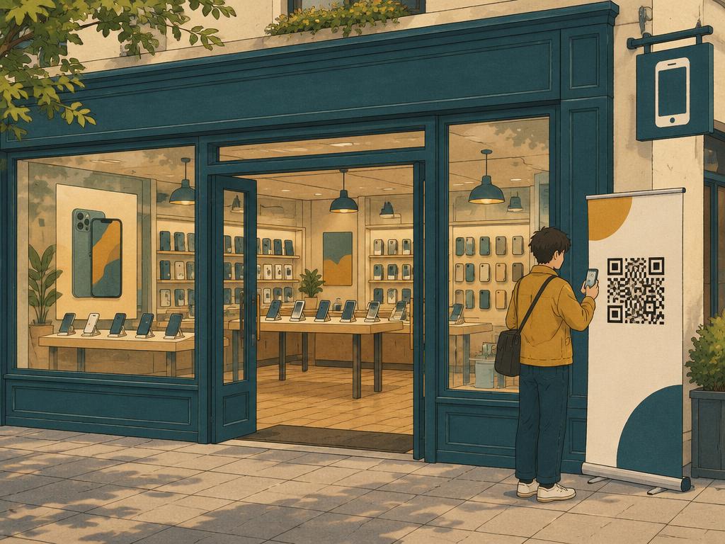 Illustration of a customer checking a phone beside a QR poster in a phone shop