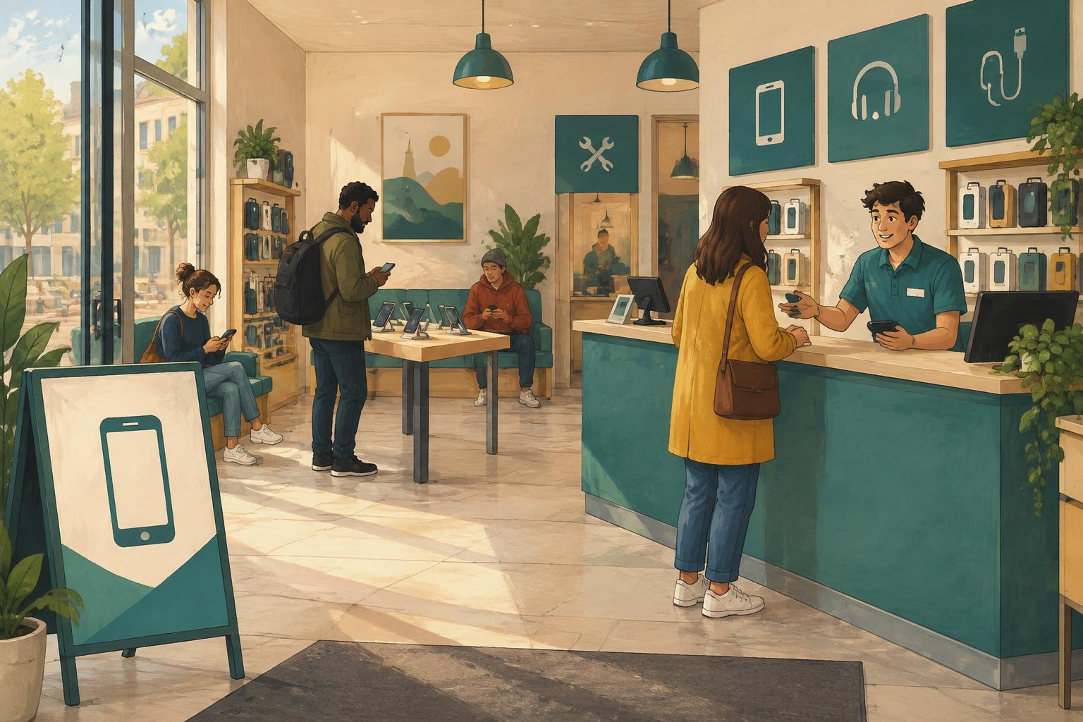 Illustration of a phone shop with staff, customers and a poster near the entrance
